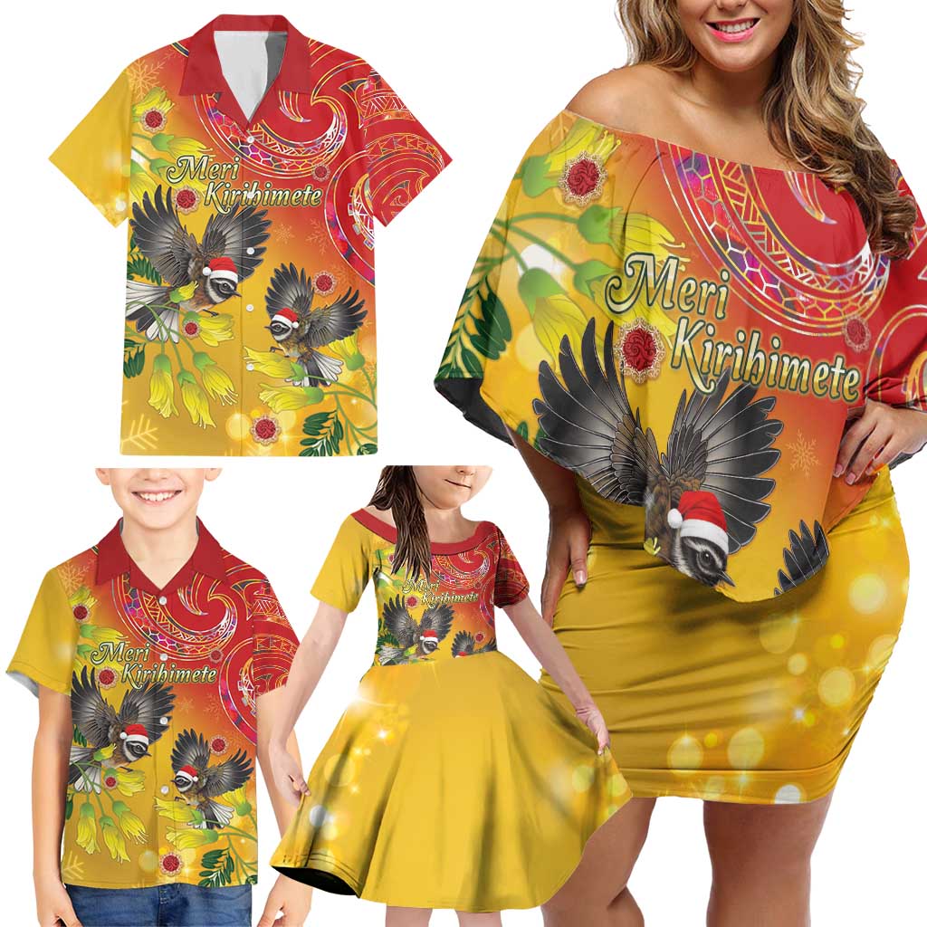 New Zealand Piwakawaka Christmas Family Matching Off Shoulder Short Dress and Hawaiian Shirt With Maori Pattern