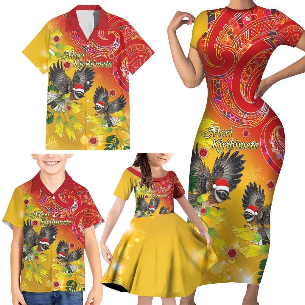 New Zealand Piwakawaka Christmas Family Matching Short Sleeve Bodycon Dress and Hawaiian Shirt With Maori Pattern