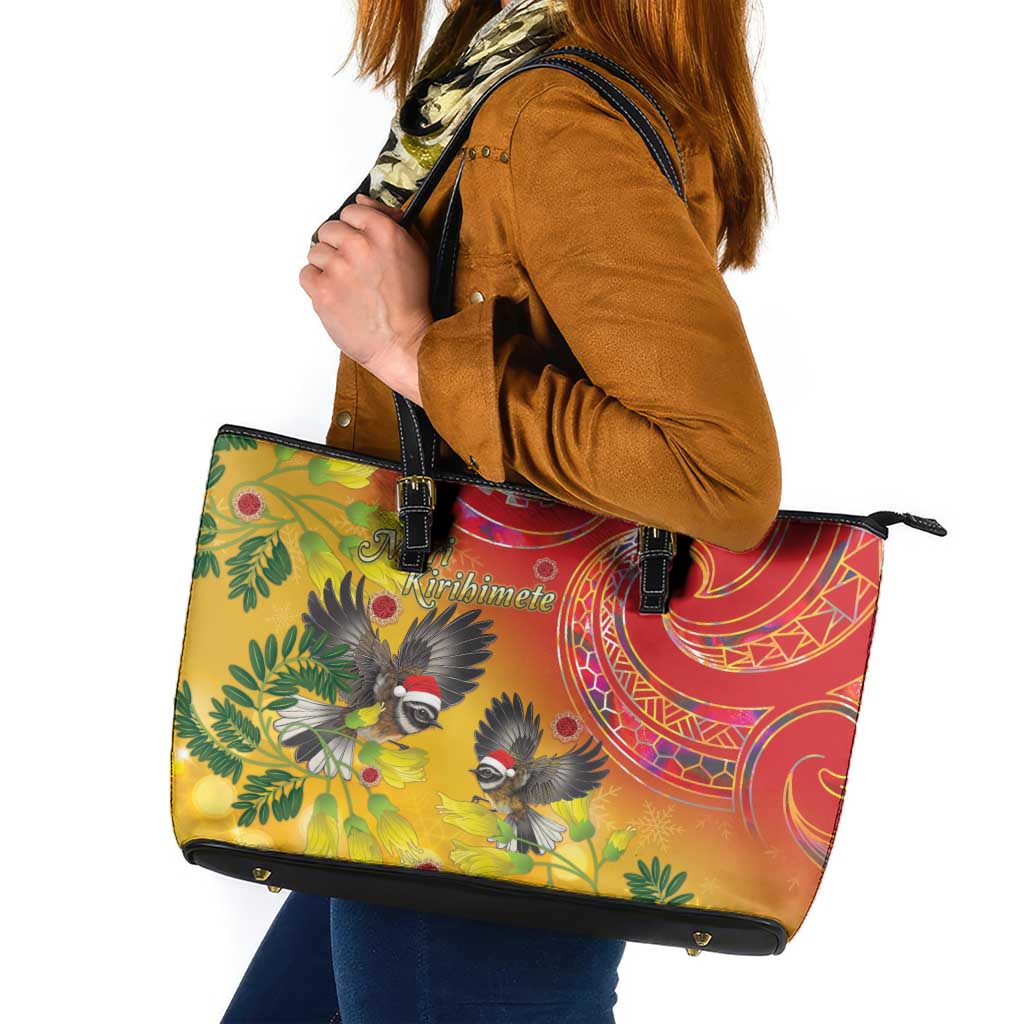 New Zealand Piwakawaka Christmas Leather Tote Bag With Maori Pattern LT05 Yellow - Polynesian Pride