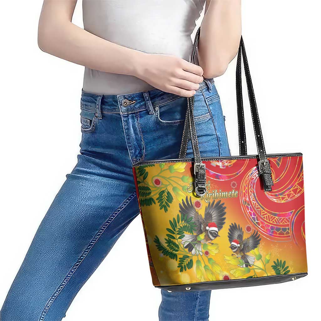 New Zealand Piwakawaka Christmas Leather Tote Bag With Maori Pattern LT05 - Polynesian Pride