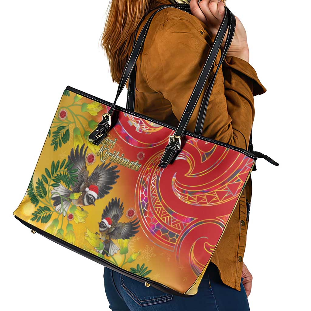 New Zealand Piwakawaka Christmas Leather Tote Bag With Maori Pattern LT05 - Polynesian Pride