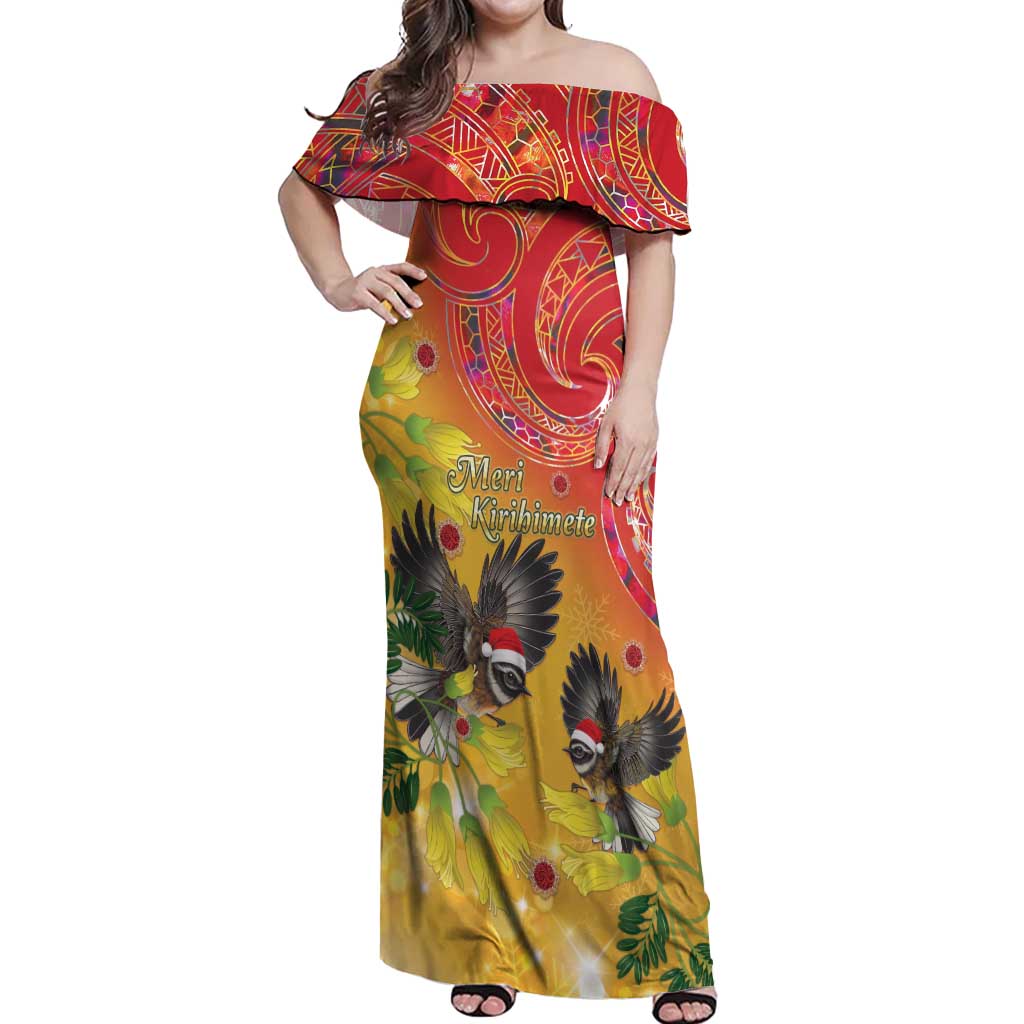 New Zealand Piwakawaka Christmas Off Shoulder Maxi Dress With Maori Pattern