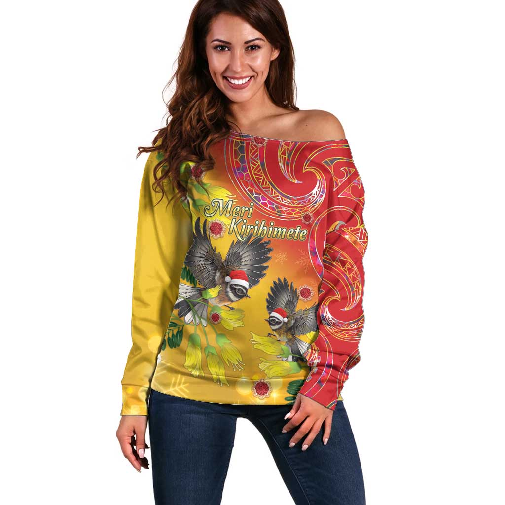 New Zealand Piwakawaka Christmas Off Shoulder Sweater With Maori Pattern