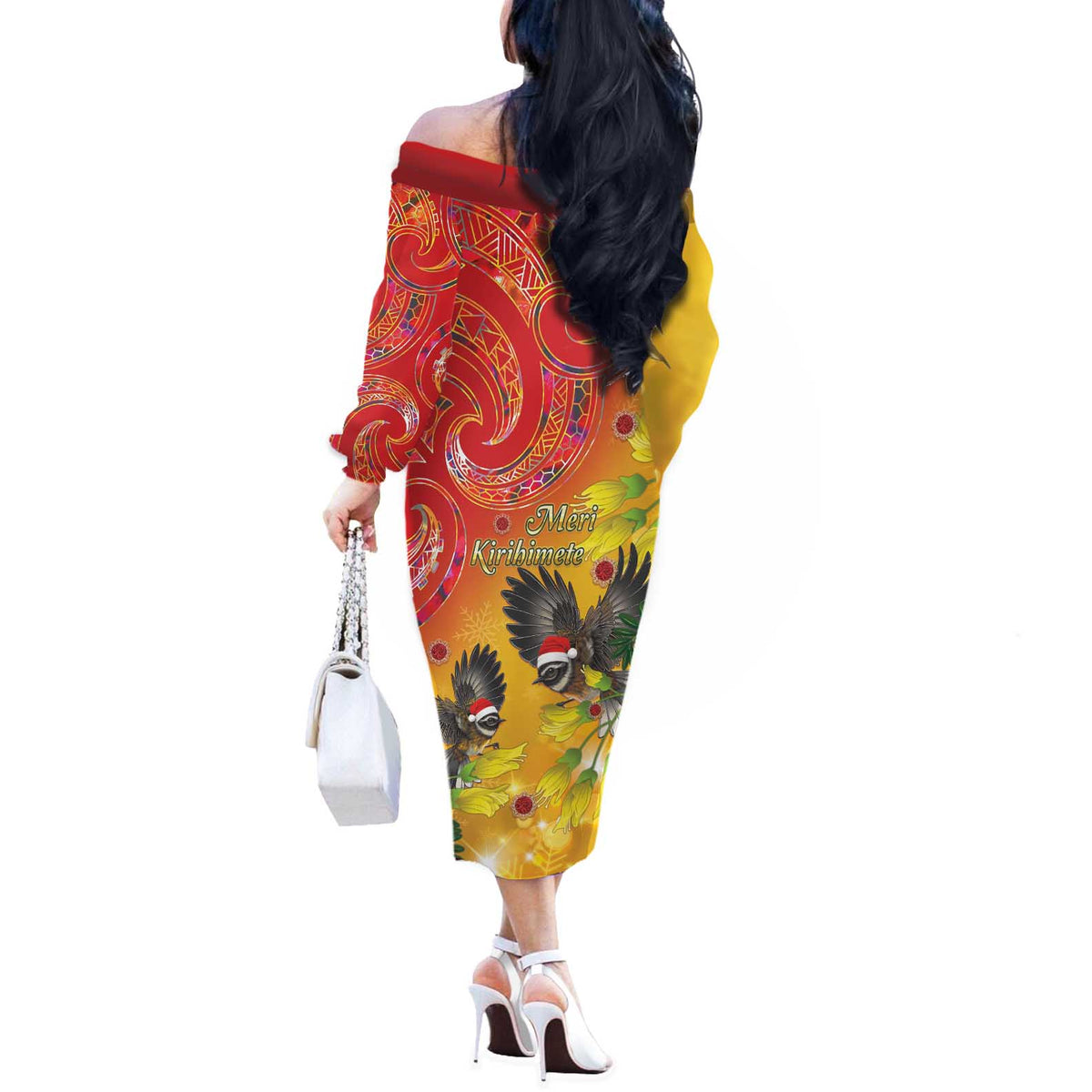 New Zealand Piwakawaka Christmas Off The Shoulder Long Sleeve Dress With Maori Pattern