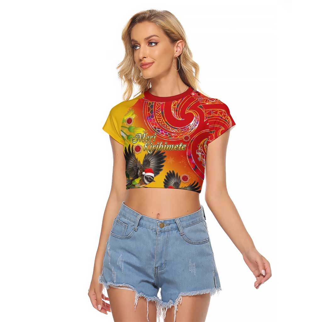 New Zealand Piwakawaka Christmas Raglan Cropped T Shirt With Maori Pattern LT05 Female Yellow - Polynesian Pride