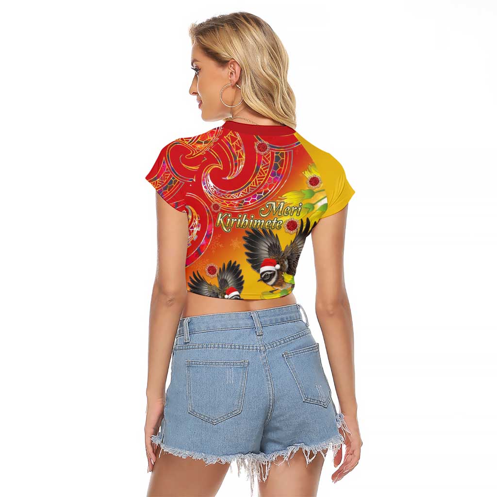 New Zealand Piwakawaka Christmas Raglan Cropped T Shirt With Maori Pattern LT05 - Polynesian Pride