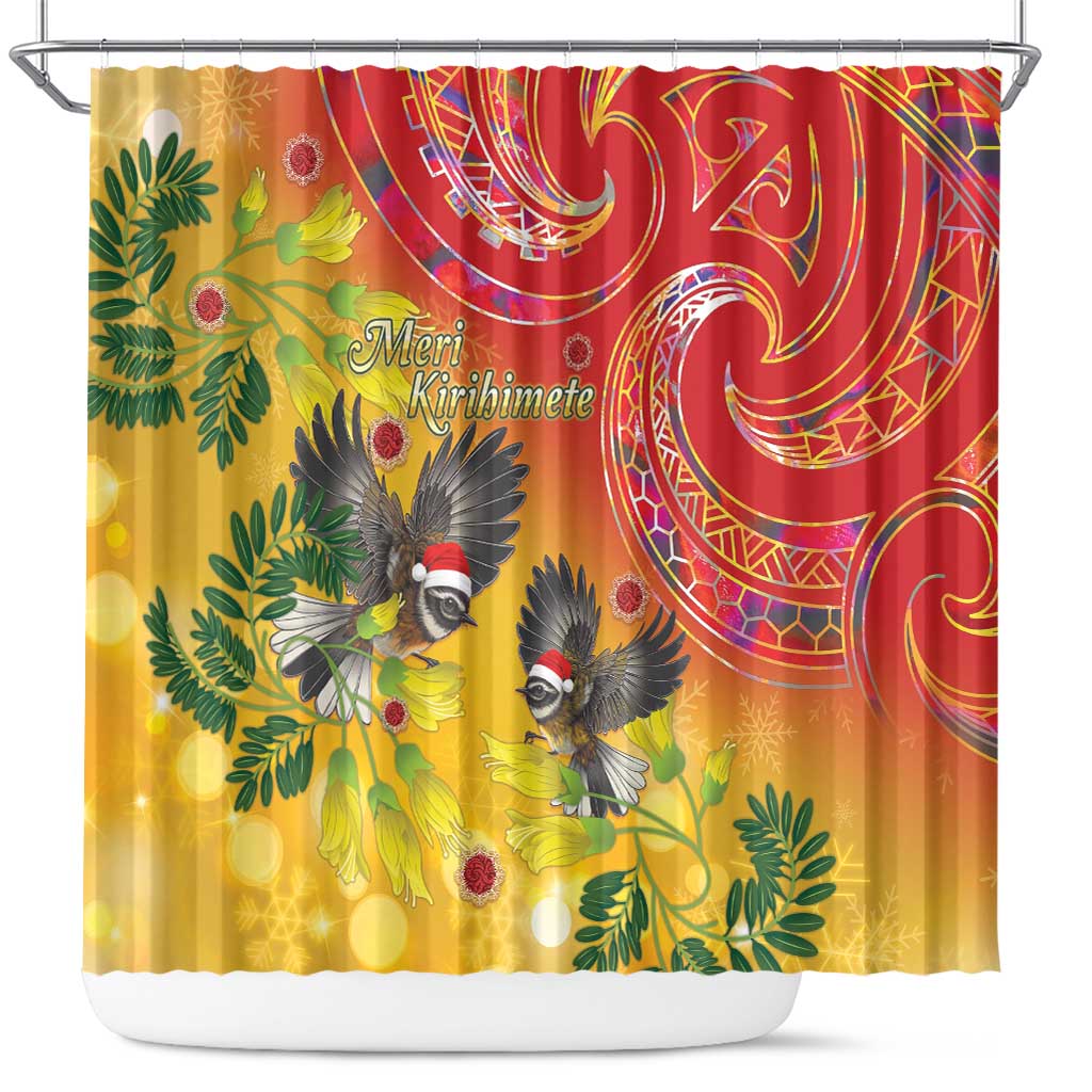 New Zealand Piwakawaka Christmas Shower Curtain With Maori Pattern