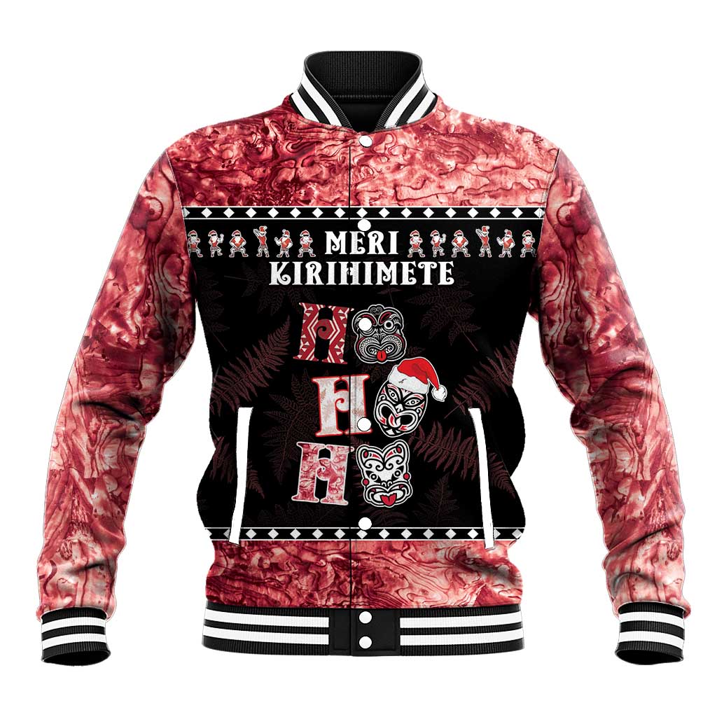 Personalised New Zealand Tiki Christmas Baseball Jacket Ho Ho Ho Paua Shell Glitter Red LT05 Unisex Black - Polynesian Pride