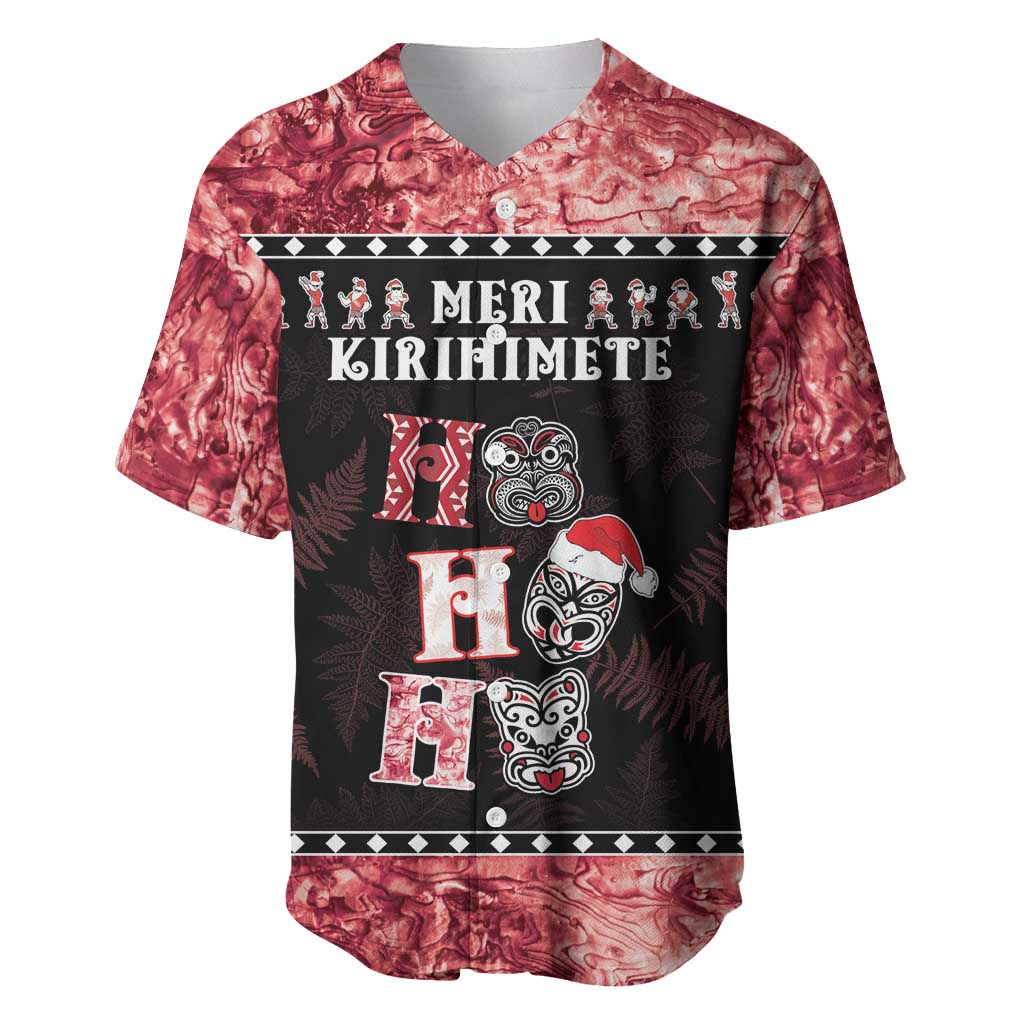 Personalised New Zealand Tiki Christmas Baseball Jersey Ho Ho Ho Paua Shell Glitter Red