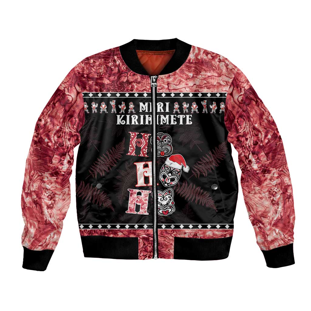 Personalised New Zealand Tiki Christmas Bomber Jacket Ho Ho Ho Paua Shell Glitter Red