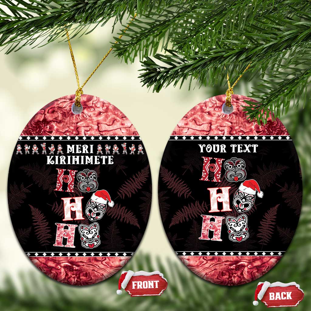 Personalised New Zealand Tiki Christmas Ceramic Ornament Ho Ho Ho Paua Shell Glitter Red LT05 Oval Black - Polynesian Pride