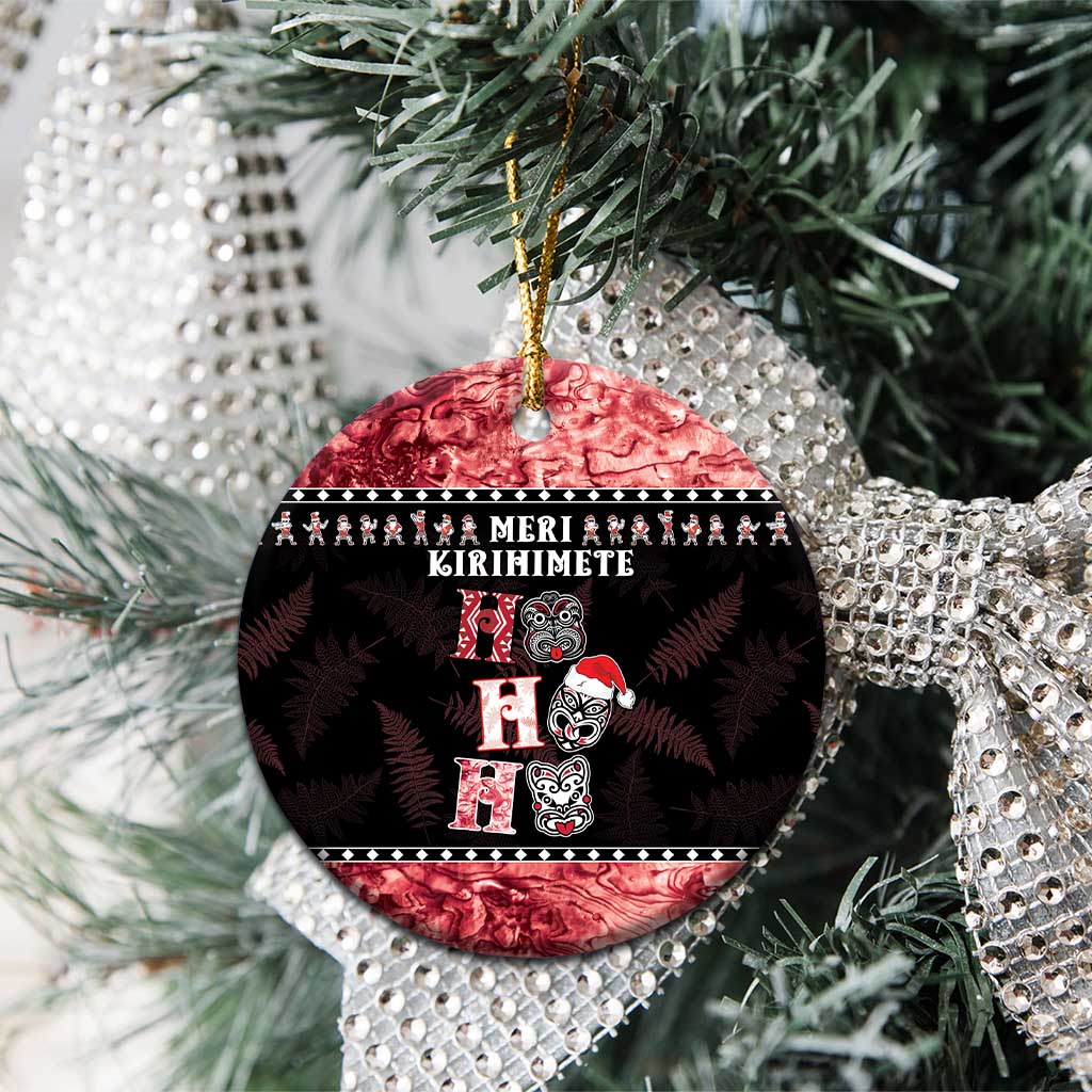 Personalised New Zealand Tiki Christmas Ceramic Ornament Ho Ho Ho Paua Shell Glitter Red LT05 - Polynesian Pride