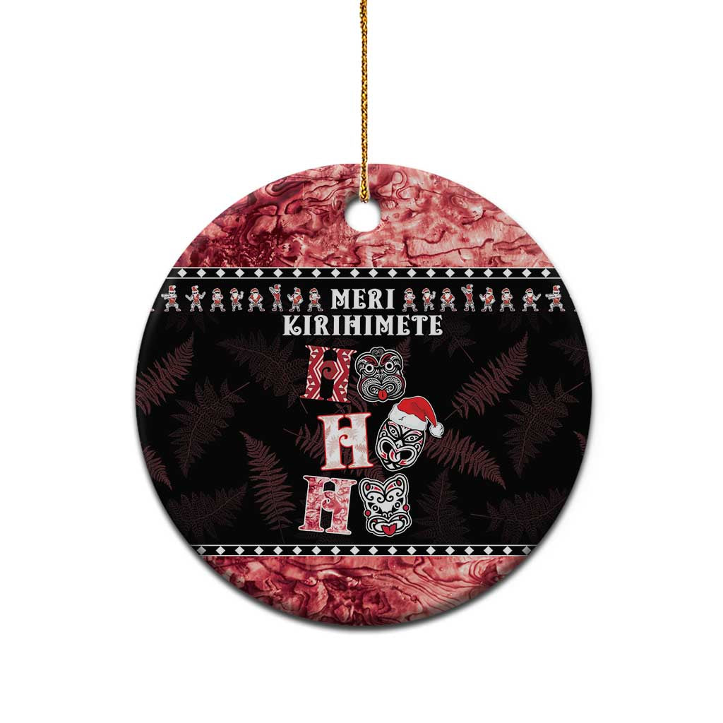 Personalised New Zealand Tiki Christmas Ceramic Ornament Ho Ho Ho Paua Shell Glitter Red LT05 - Polynesian Pride