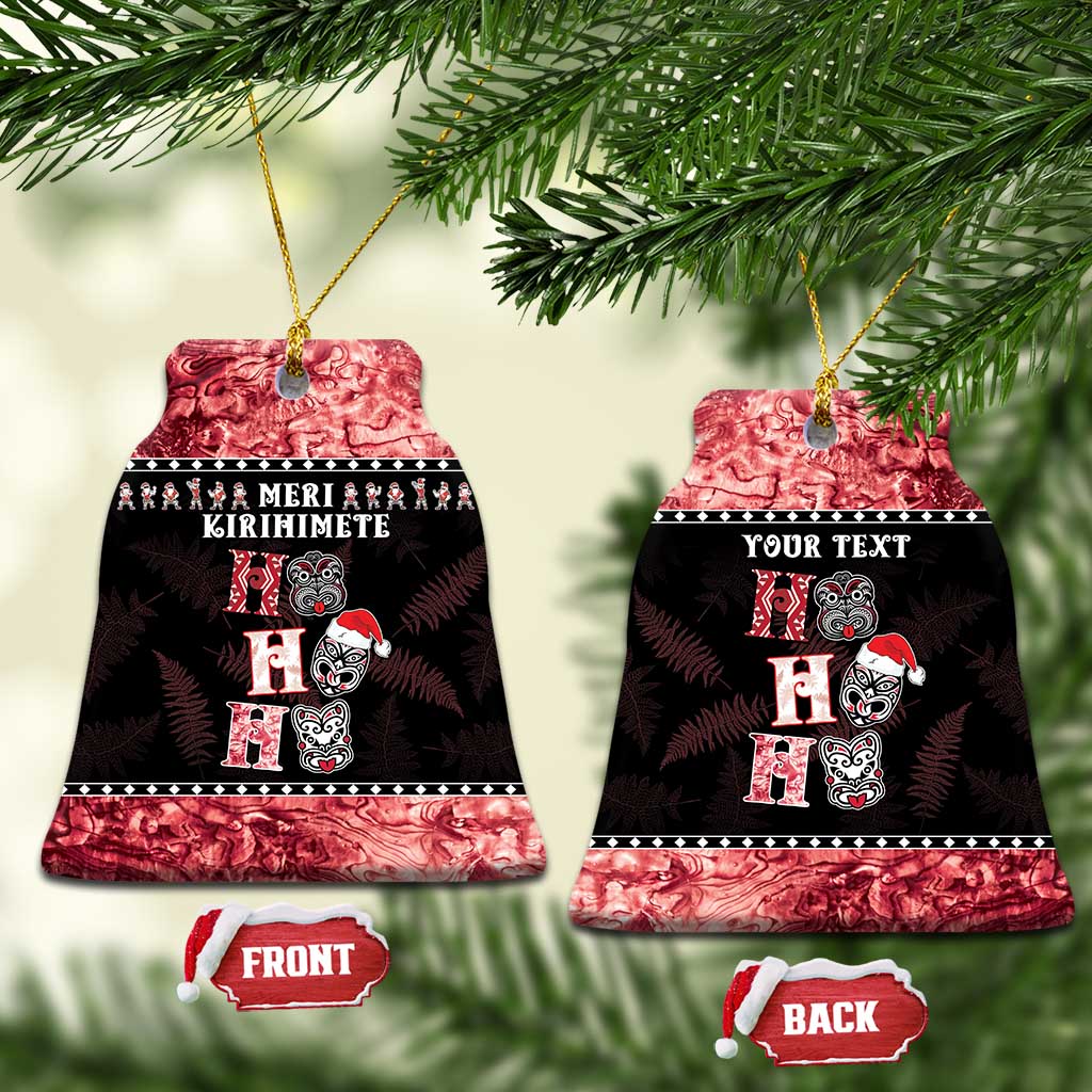 Personalised New Zealand Tiki Christmas Ceramic Ornament Ho Ho Ho Paua Shell Glitter Red LT05 Bell Flake Black - Polynesian Pride