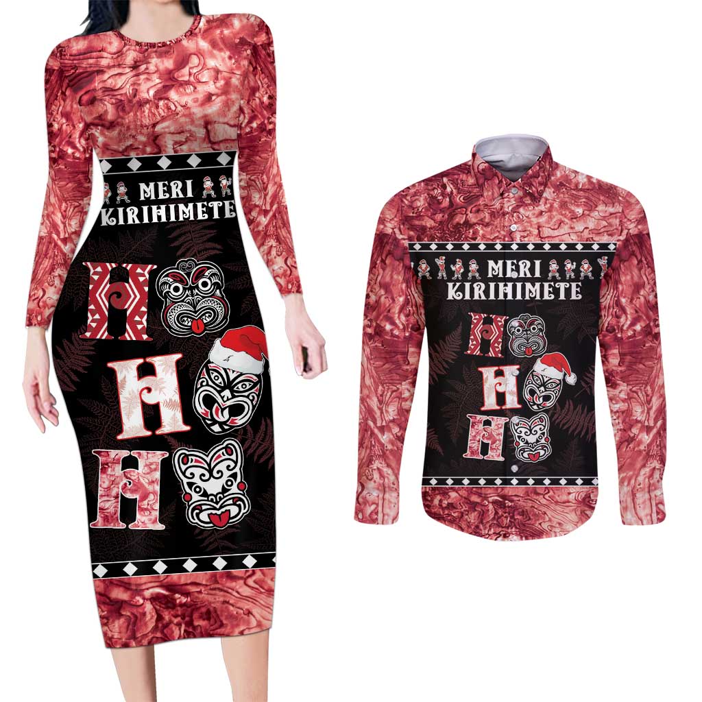 Personalised New Zealand Tiki Christmas Couples Matching Long Sleeve Bodycon Dress and Long Sleeve Button Shirt Ho Ho Ho Paua Shell Glitter Red