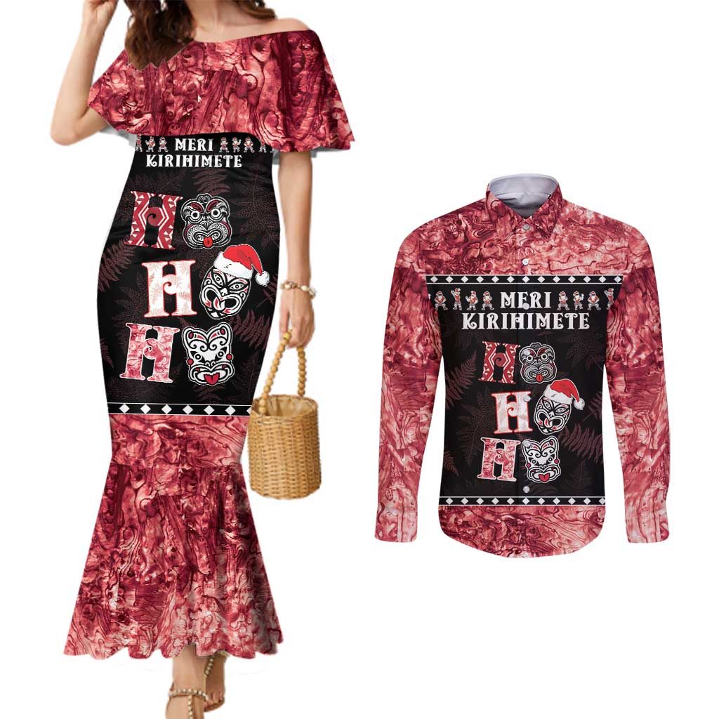 Personalised New Zealand Tiki Christmas Couples Matching Mermaid Dress and Long Sleeve Button Shirt Ho Ho Ho Paua Shell Glitter Red