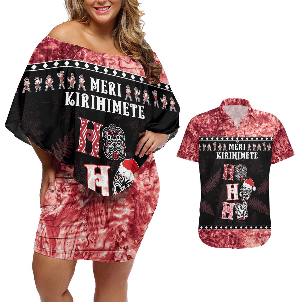 Personalised New Zealand Tiki Christmas Couples Matching Off Shoulder Short Dress and Hawaiian Shirt Ho Ho Ho Paua Shell Glitter Red