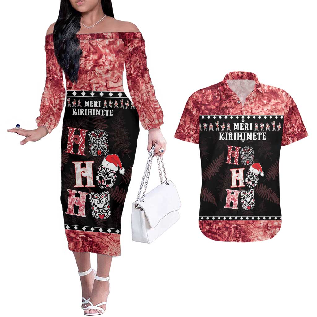 Personalised New Zealand Tiki Christmas Couples Matching Off The Shoulder Long Sleeve Dress and Hawaiian Shirt Ho Ho Ho Paua Shell Glitter Red