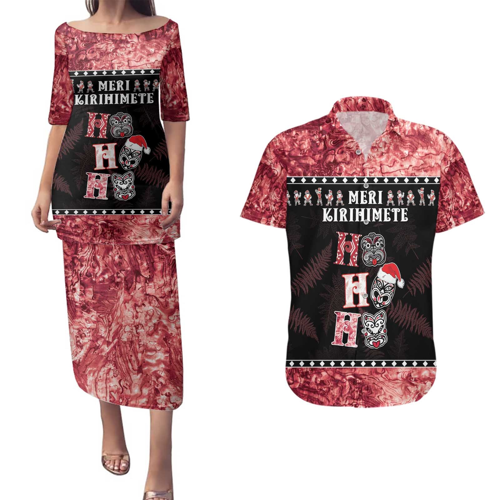 Personalised New Zealand Tiki Christmas Couples Matching Puletasi and Hawaiian Shirt Ho Ho Ho Paua Shell Glitter Red LT05 Black - Polynesian Pride