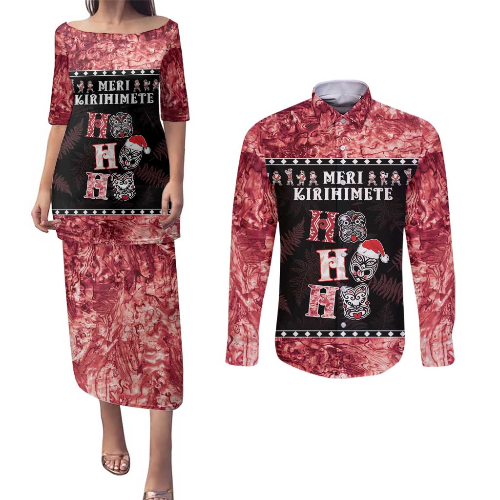 Personalised New Zealand Tiki Christmas Couples Matching Puletasi and Long Sleeve Button Shirt Ho Ho Ho Paua Shell Glitter Red