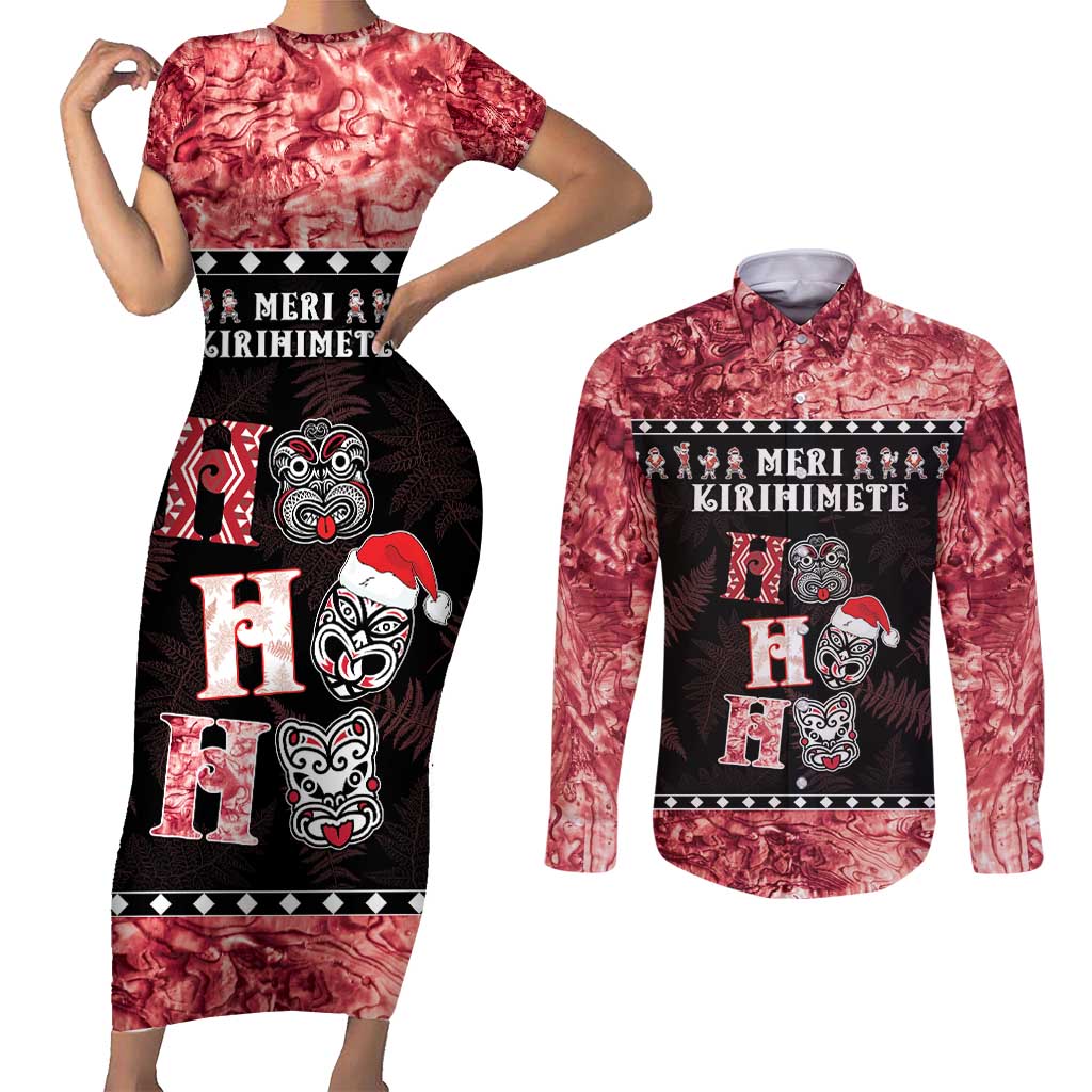 Personalised New Zealand Tiki Christmas Couples Matching Short Sleeve Bodycon Dress and Long Sleeve Button Shirt Ho Ho Ho Paua Shell Glitter Red LT05 Black - Polynesian Pride