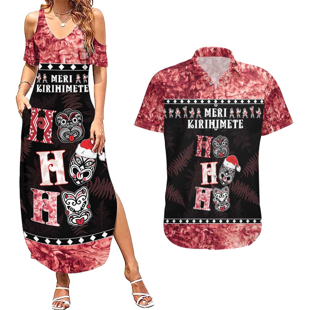 Personalised New Zealand Tiki Christmas Couples Matching Summer Maxi Dress and Hawaiian Shirt Ho Ho Ho Paua Shell Glitter Red