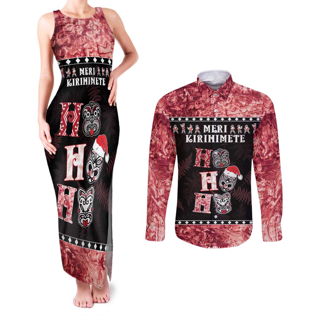 Personalised New Zealand Tiki Christmas Couples Matching Tank Maxi Dress and Long Sleeve Button Shirt Ho Ho Ho Paua Shell Glitter Red