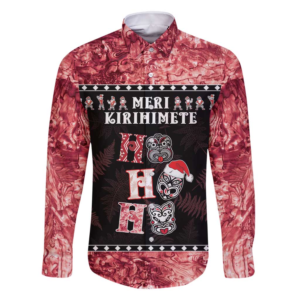 Personalised New Zealand Tiki Christmas Family Matching Long Sleeve Bodycon Dress and Hawaiian Shirt Ho Ho Ho Paua Shell Glitter Red