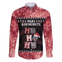 Personalised New Zealand Tiki Christmas Family Matching Off The Shoulder Long Sleeve Dress and Hawaiian Shirt Ho Ho Ho Paua Shell Glitter Red