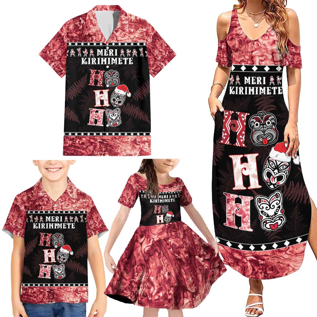 Personalised New Zealand Tiki Christmas Family Matching Summer Maxi Dress and Hawaiian Shirt Ho Ho Ho Paua Shell Glitter Red