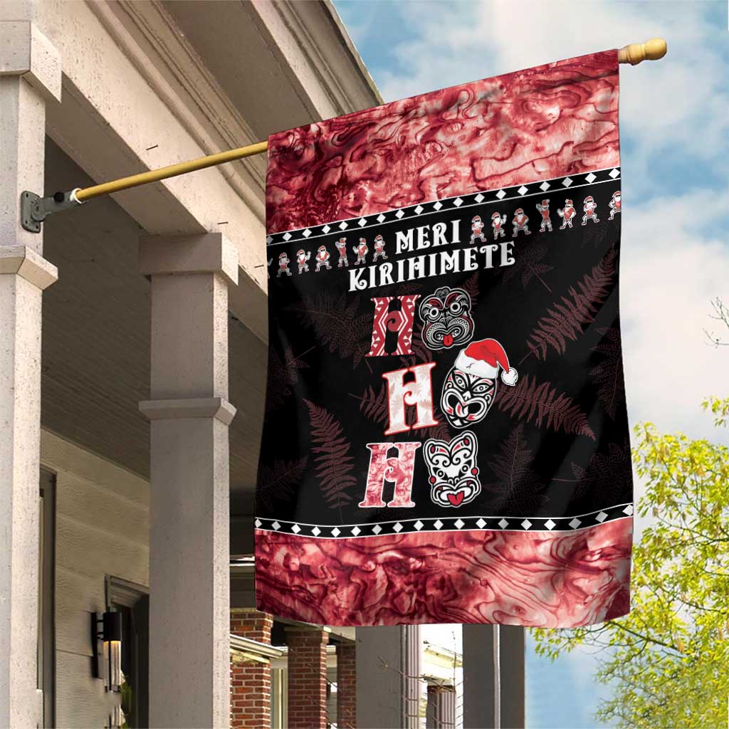 New Zealand Tiki Christmas Garden Flag Ho Ho Ho Paua Shell Glitter Red LT05 House Flag Black - Polynesian Pride