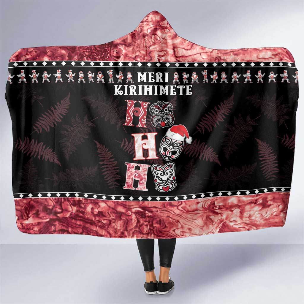 New Zealand Tiki Christmas Hooded Blanket Ho Ho Ho Paua Shell Glitter Red LT05 One Size Black - Polynesian Pride