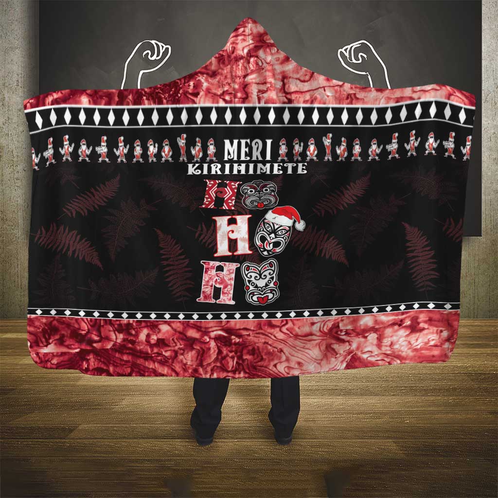 New Zealand Tiki Christmas Hooded Blanket Ho Ho Ho Paua Shell Glitter Red LT05 - Polynesian Pride