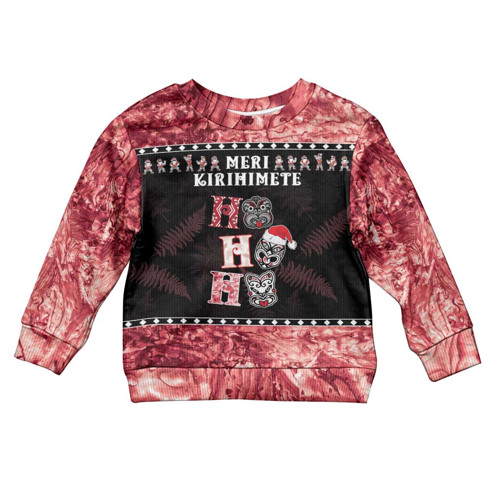 Personalised New Zealand Tiki Christmas Kid Ugly Christmas Sweater Ho Ho Ho Paua Shell Glitter Red