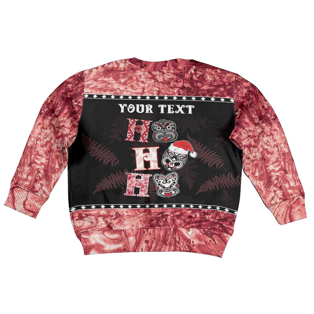 Personalised New Zealand Tiki Christmas Kid Ugly Christmas Sweater Ho Ho Ho Paua Shell Glitter Red