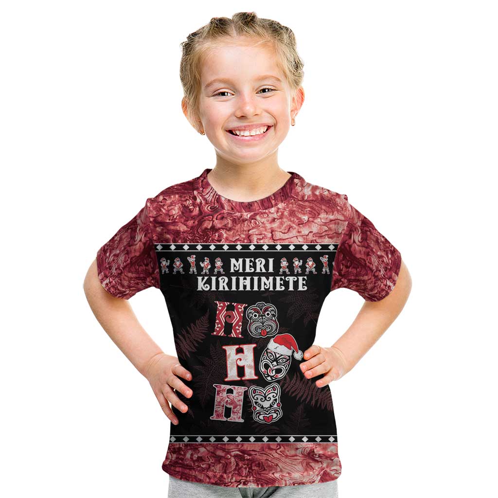 Personalised New Zealand Tiki Christmas Kid T Shirt Ho Ho Ho Paua Shell Glitter Red