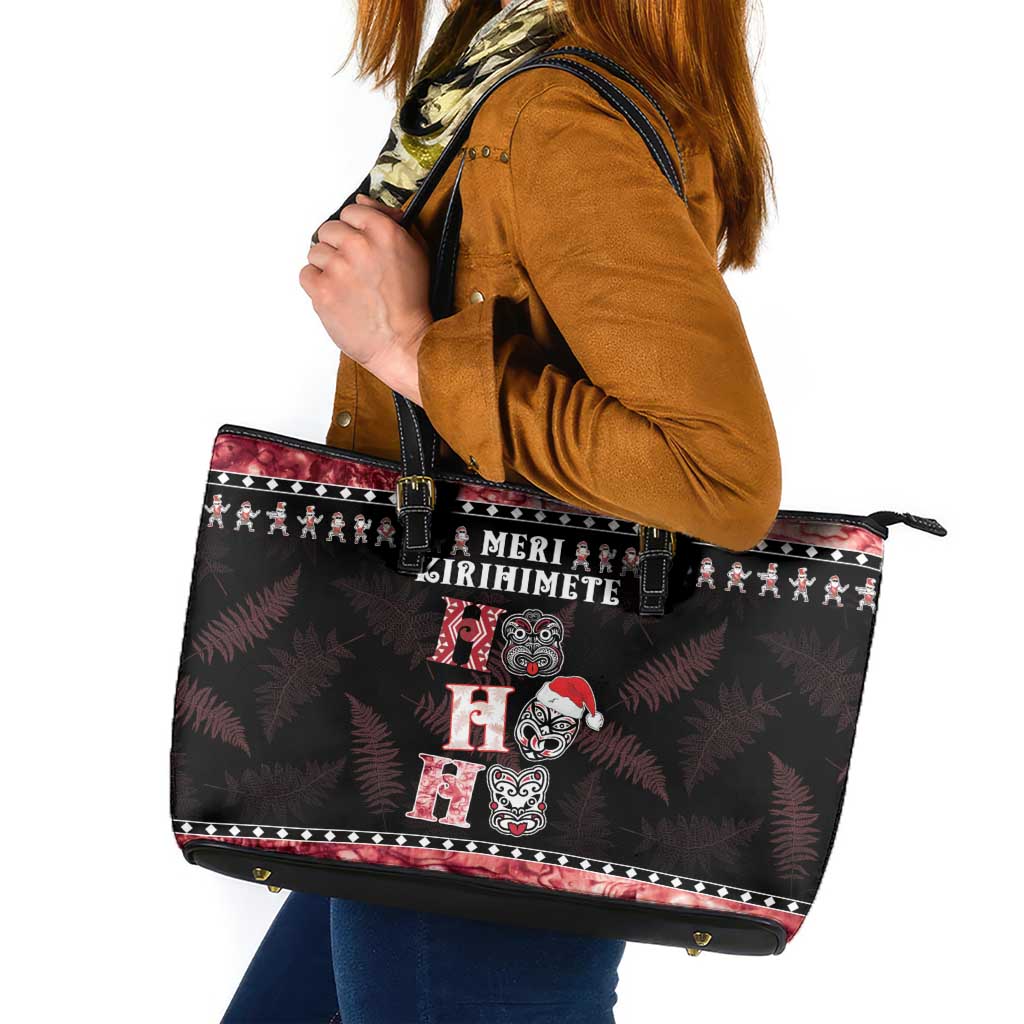 New Zealand Tiki Christmas Leather Tote Bag Ho Ho Ho Paua Shell Glitter Red LT05 Black - Polynesian Pride