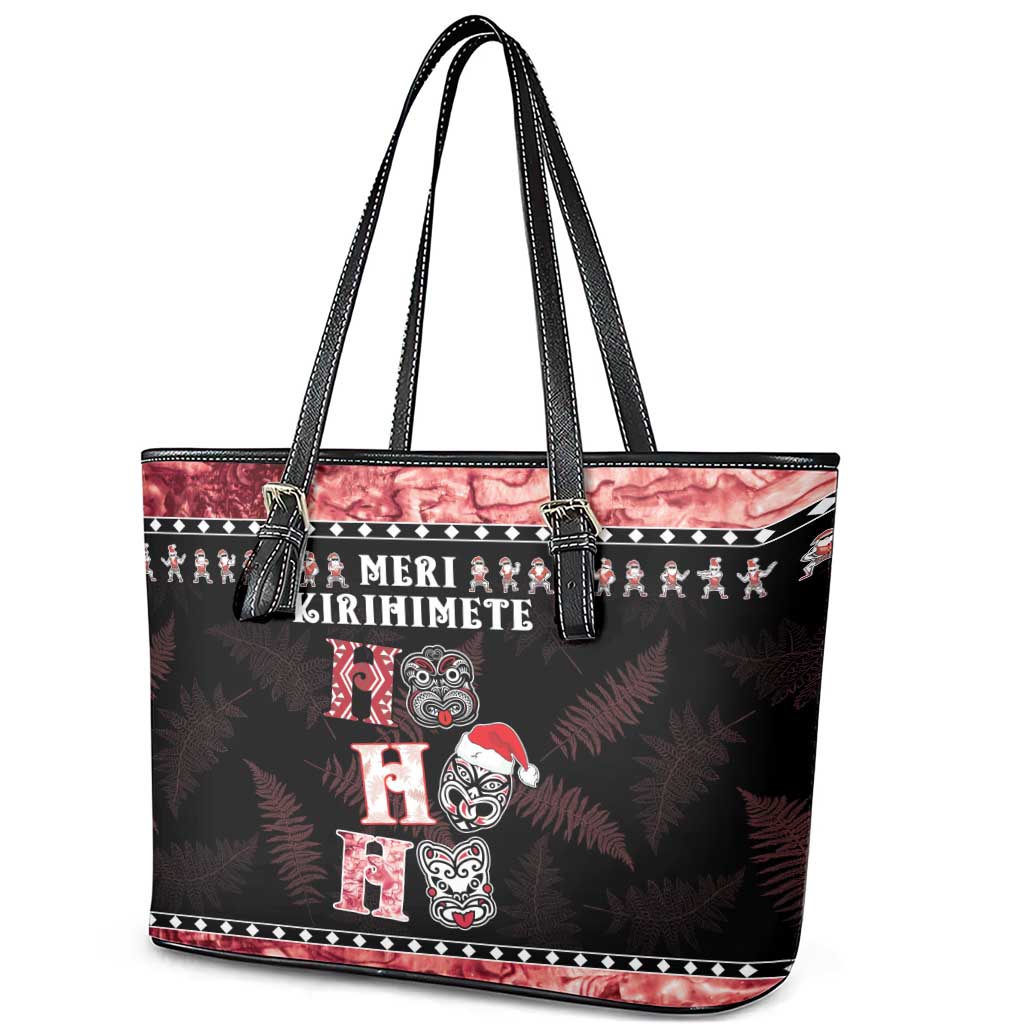 New Zealand Tiki Christmas Leather Tote Bag Ho Ho Ho Paua Shell Glitter Red LT05 - Polynesian Pride