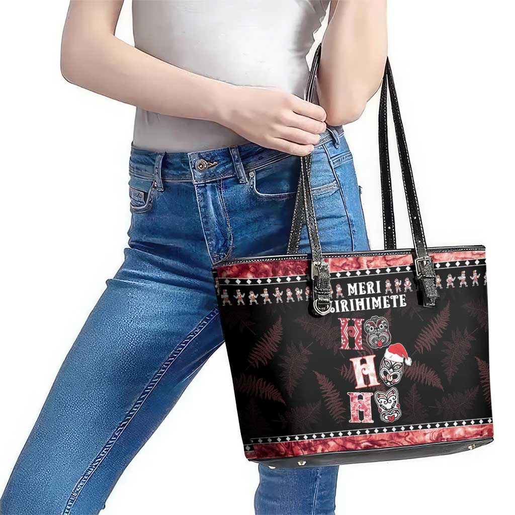 New Zealand Tiki Christmas Leather Tote Bag Ho Ho Ho Paua Shell Glitter Red LT05 - Polynesian Pride