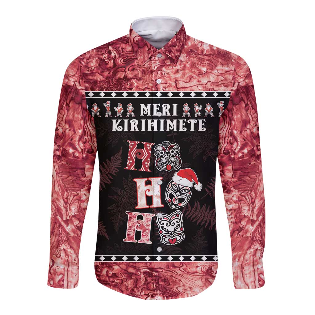 Personalised New Zealand Tiki Christmas Long Sleeve Button Shirt Ho Ho Ho Paua Shell Glitter Red