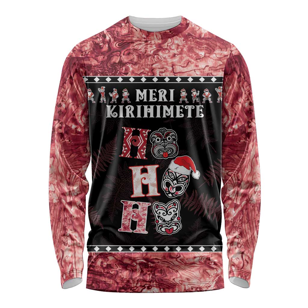 Personalised New Zealand Tiki Christmas Long Sleeve Shirt Ho Ho Ho Paua Shell Glitter Red