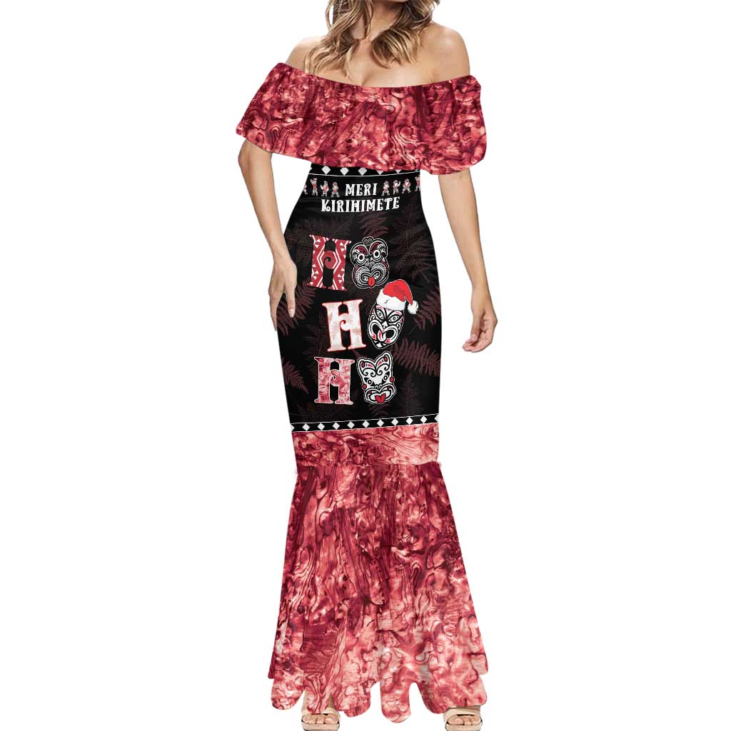 Personalised New Zealand Tiki Christmas Mermaid Dress Ho Ho Ho Paua Shell Glitter Red