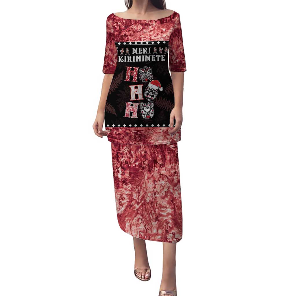 Personalised New Zealand Tiki Christmas Puletasi Ho Ho Ho Paua Shell Glitter Red LT05 Long Dress Black - Polynesian Pride