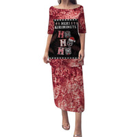 Personalised New Zealand Tiki Christmas Puletasi Ho Ho Ho Paua Shell Glitter Red LT05 Long Dress Black - Polynesian Pride