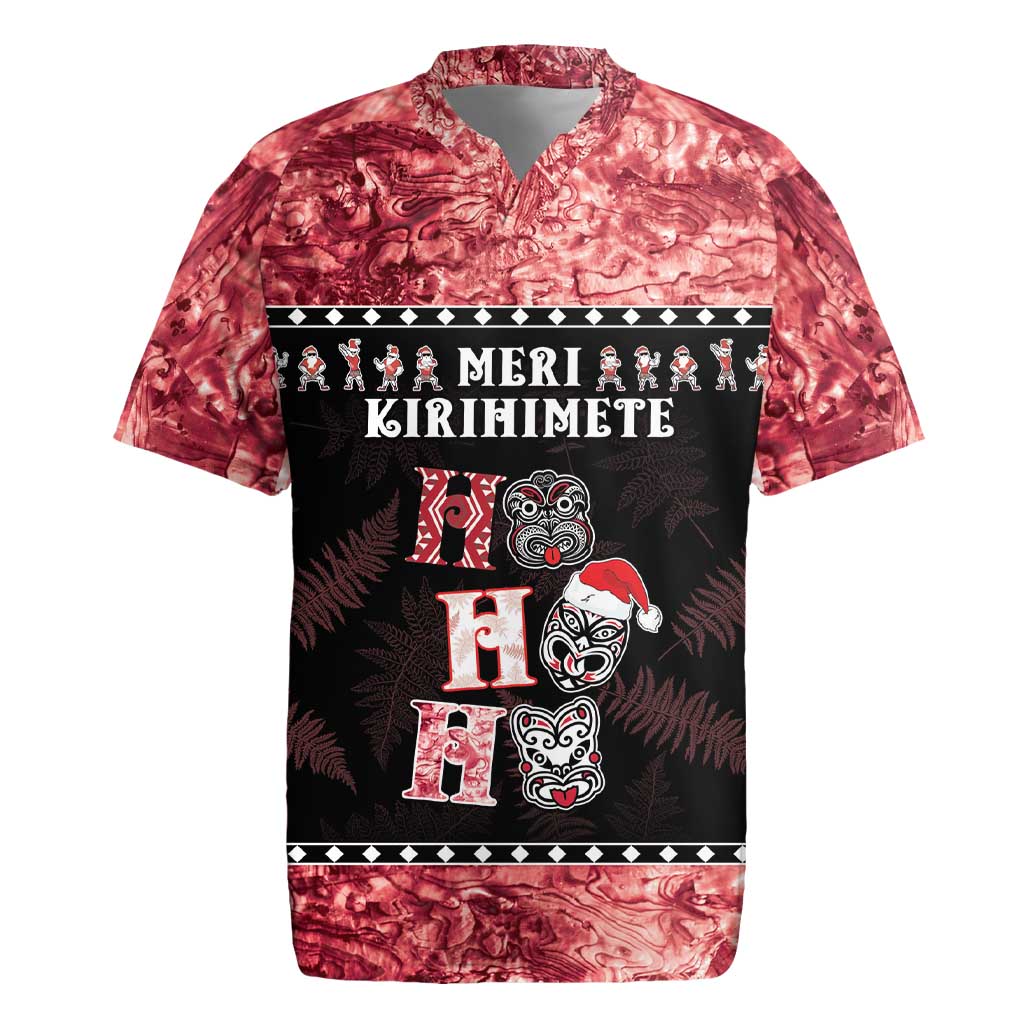 Personalised New Zealand Tiki Christmas Rugby Jersey Ho Ho Ho Paua Shell Glitter Red