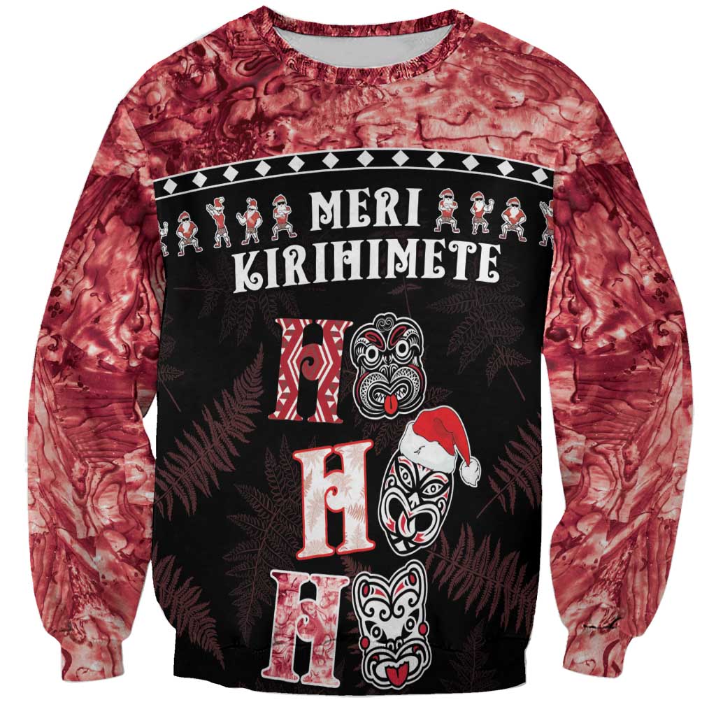 Personalised New Zealand Tiki Christmas Sweatshirt Ho Ho Ho Paua Shell Glitter Red LT05 Unisex Black - Polynesian Pride