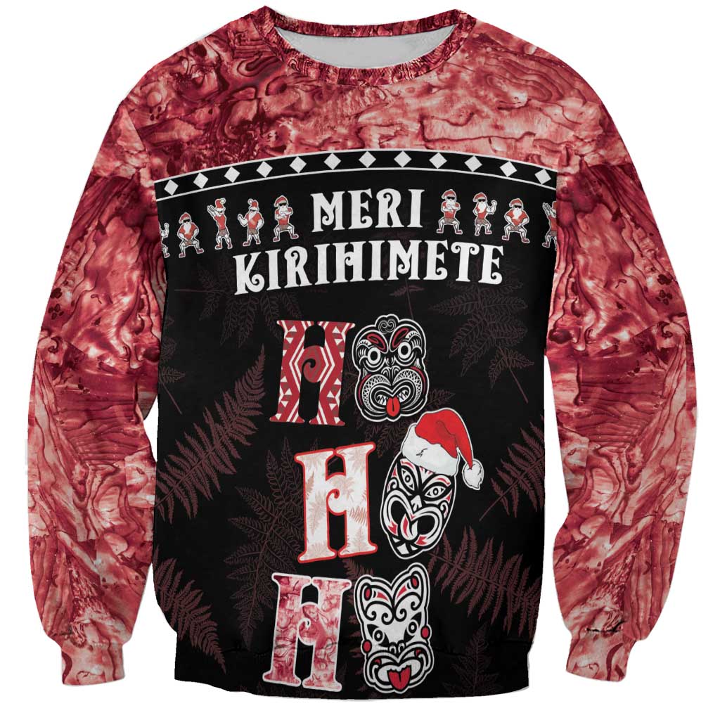 Personalised New Zealand Tiki Christmas Sweatshirt Ho Ho Ho Paua Shell Glitter Red