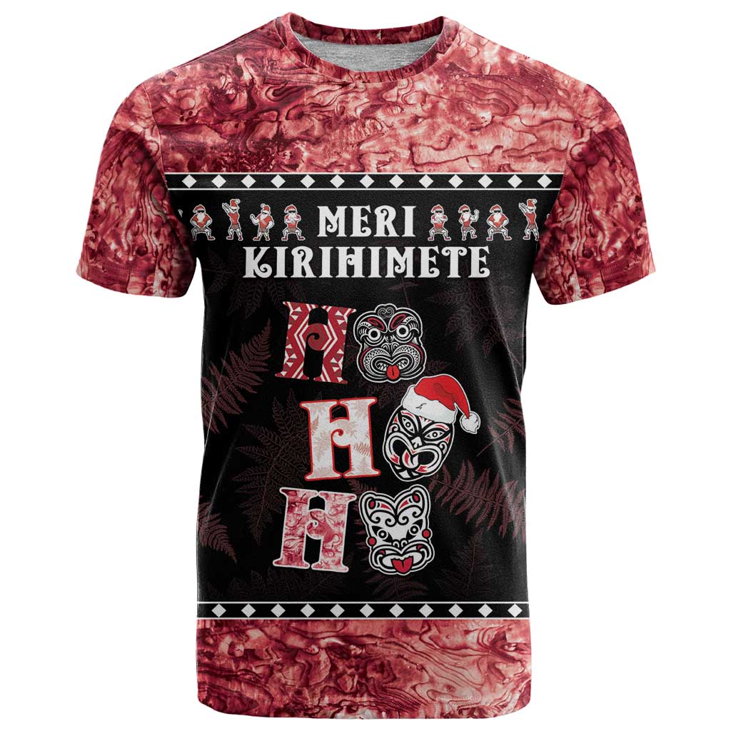 Personalised New Zealand Tiki Christmas T Shirt Ho Ho Ho Paua Shell Glitter Red LT05 Black - Polynesian Pride