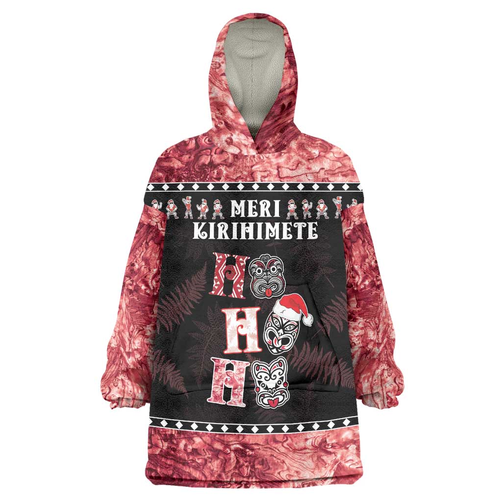 Personalised New Zealand Tiki Christmas Wearable Blanket Hoodie Ho Ho Ho Paua Shell Glitter Red LT05 One Size Black - Polynesian Pride