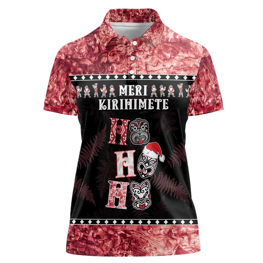 Personalised New Zealand Tiki Christmas Women Polo Shirt Ho Ho Ho Paua Shell Glitter Red